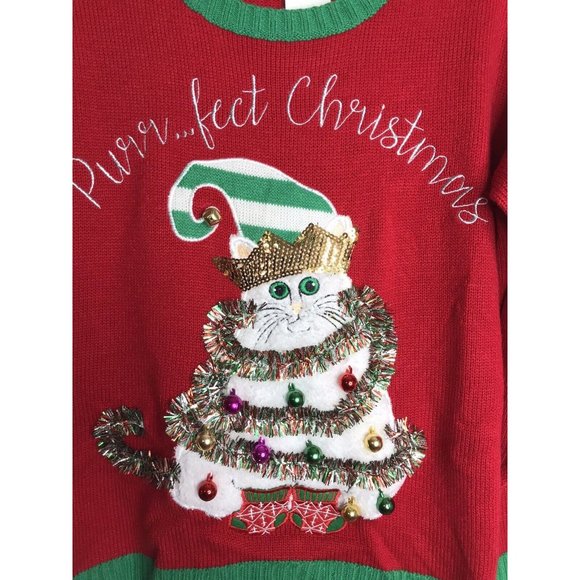 33 Degrees Purr..Fect Cat Jingle Bells Elf Hat Ugly Christmas Sweater Large New - Picture 3 of 9